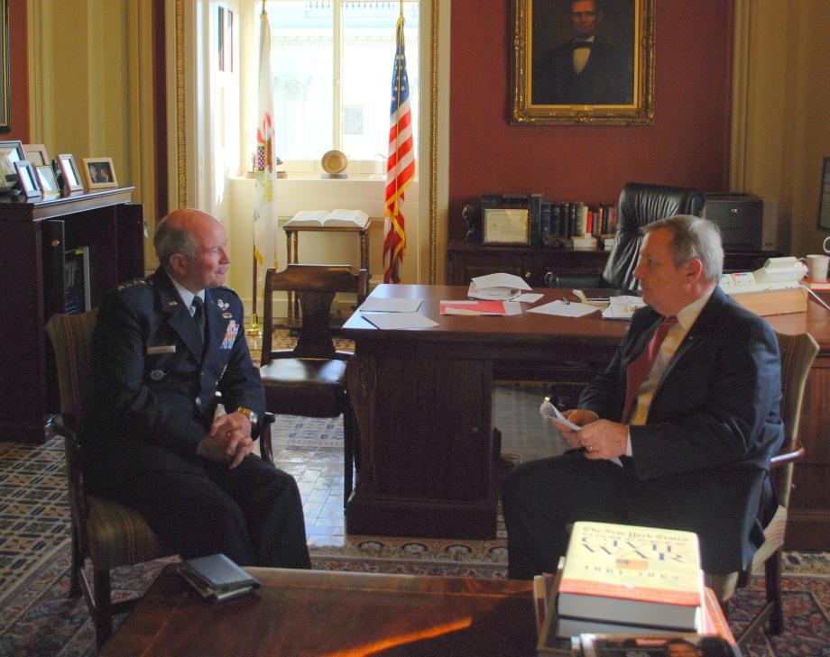 Durbin met with the Commander of the U.S. Transportation Command, General Duncan J. McNabb, to discuss Scott Air Force base and the 183rd Fighter Wing of the Illinois Air National Guard.